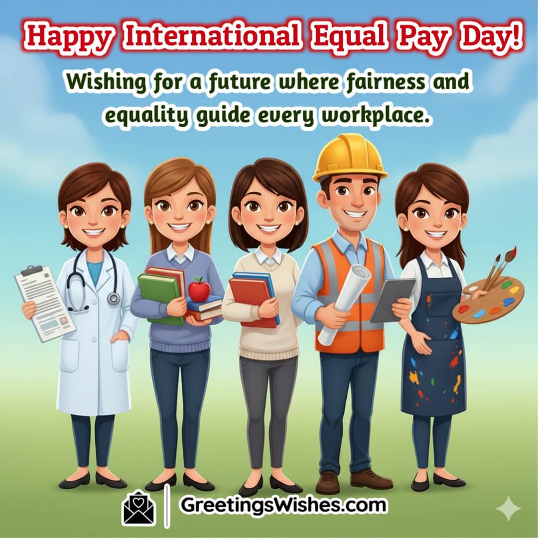 International Equal Pay Day wish image featuring diverse professionals standing together in a bright office, symbolizing fairness and unity in workplaces.