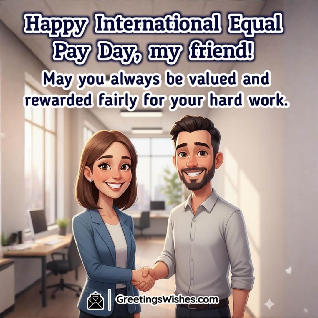 International Equal Pay Day wish image featuring two professional friends smiling and shaking hands in an office corridor symbolizing respect and fair recognition.