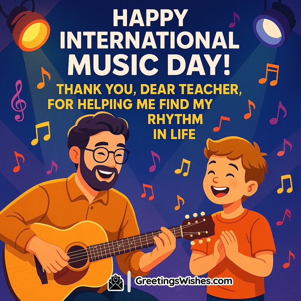 International Music Day Teacher Appreciation Image featuring a cheerful music teacher holding a guitar and a smiling student learning joyfully, with vibrant stage lights and floating musical notes in the background symbolizing gratitude, harmony, and celebration of music.