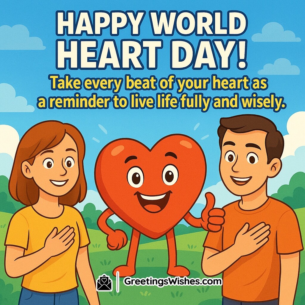 World Heart Day image featuring a cheerful red heart character standing between two smiling people with hands on their chest, symbolizing health, joy, and wise living.