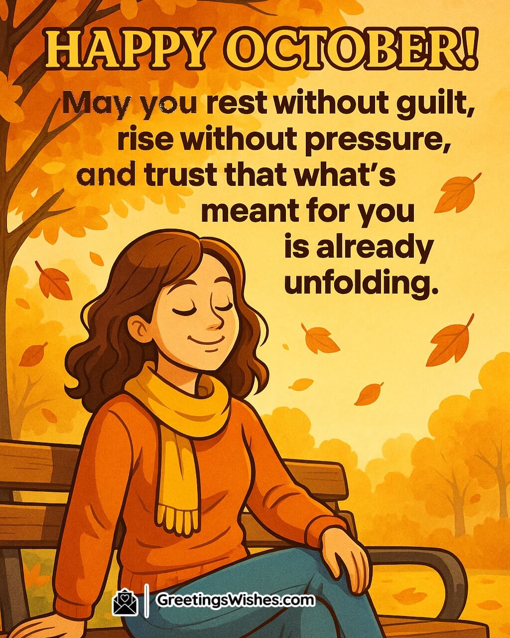 Happy October wish image featuring a cheerful young woman resting calmly on a bench under autumn trees with colorful falling leaves, symbolizing peace, positivity, and new beginnings.