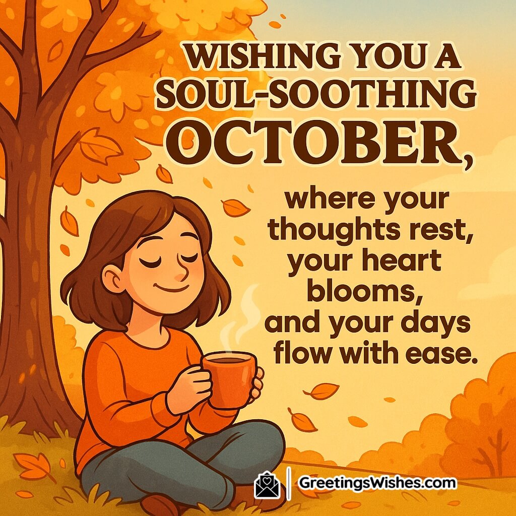 Happy October wish image featuring a cheerful young woman sitting under a golden autumn tree with a warm drink, surrounded by falling leaves, symbolizing peace, calmness, and soulful blessings for the new month.