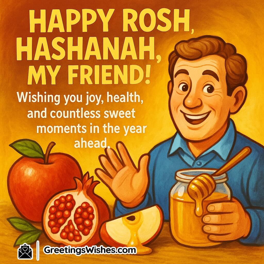 Happy Rosh Hashanah image with man holding honey, apple, and pomegranate symbolizing sweetness and joy.