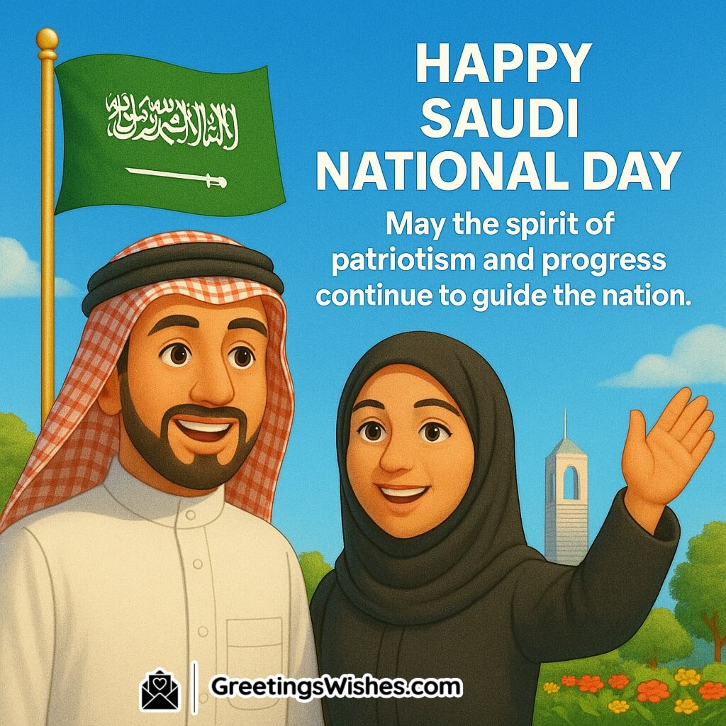 Happy Saudi Arabia National Day image showing a smiling Saudi couple in traditional attire, the national flag waving proudly, Riyadh skyline, and festive greenery, symbolizing patriotism and progress guiding the nation.