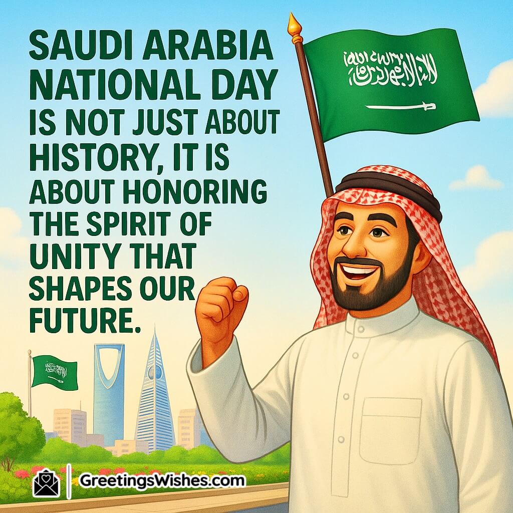 Saudi Arabia National Day image showing a smiling man in traditional attire holding the Saudi flag, with Riyadh skyline, greenery, and flowers in the background, symbolizing unity and pride