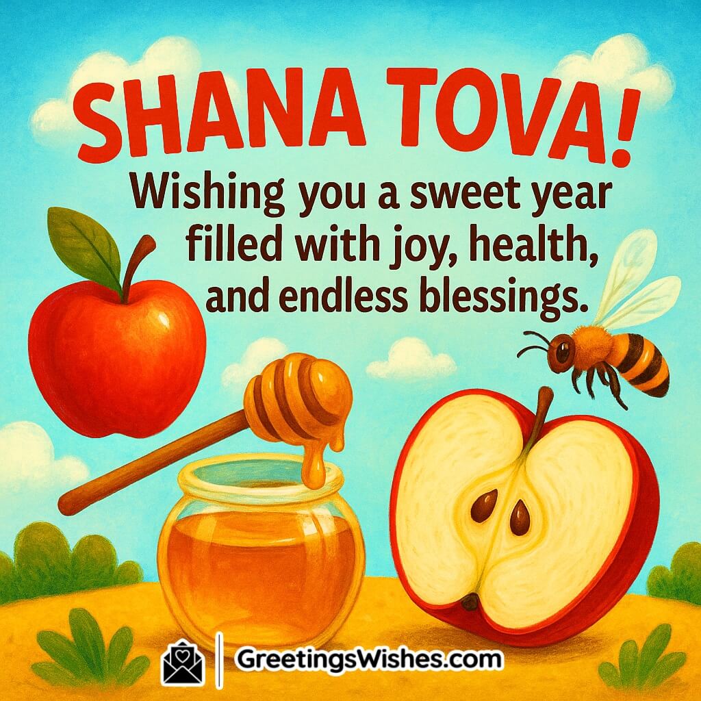 Shana Tova image featuring a bright red apple, honey jar with dipper, and a buzzing honeybee under a cheerful blue sky, symbolizing joy, health, and sweet blessings for the New Year.