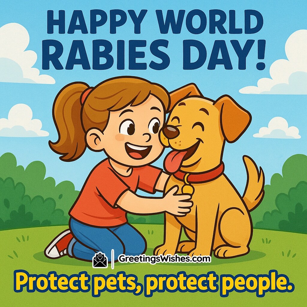 World Rabies Day image featuring a cheerful girl hugging a smiling dog in a colorful cartoon style with bright sky and greenery, symbolizing the importance of protecting pets and people.