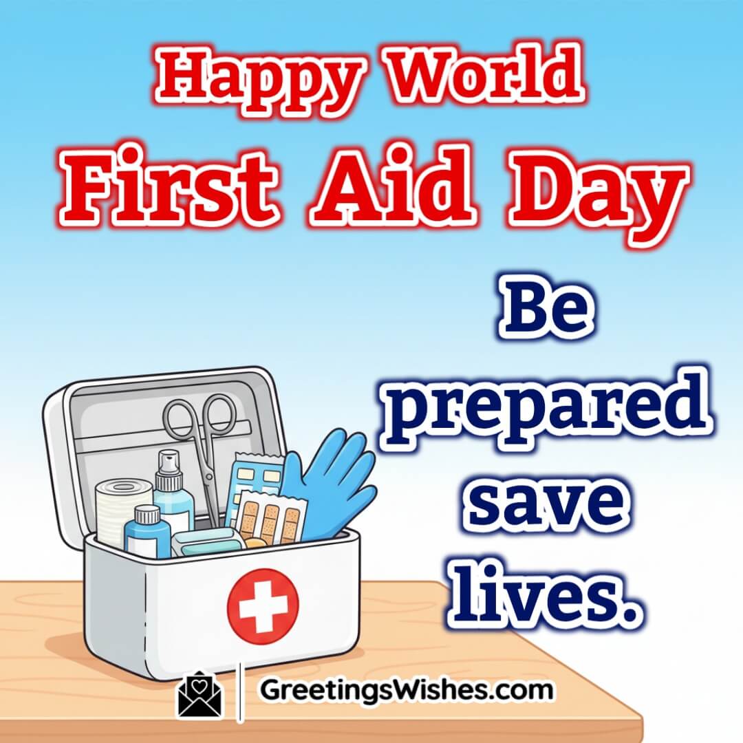 World First Aid Day image featuring a first aid box placed beside a stethoscope and heart symbol with bright clean background symbolizing preparedness and life saving action.