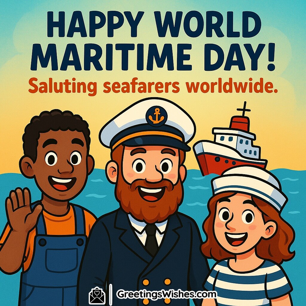 World Maritime Day image featuring cheerful sailors standing together with a ship in the background, symbolizing global appreciation and gratitude for seafarers.