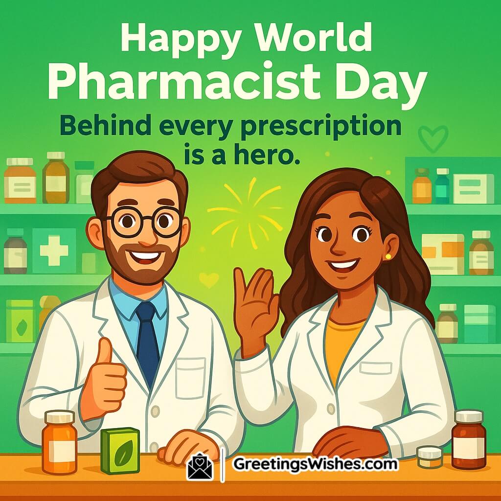 Happy World Pharmacist Day image featuring two smiling pharmacists in white coats at a pharmacy counter, with shelves of medicines in the background symbolizing dedication and care.