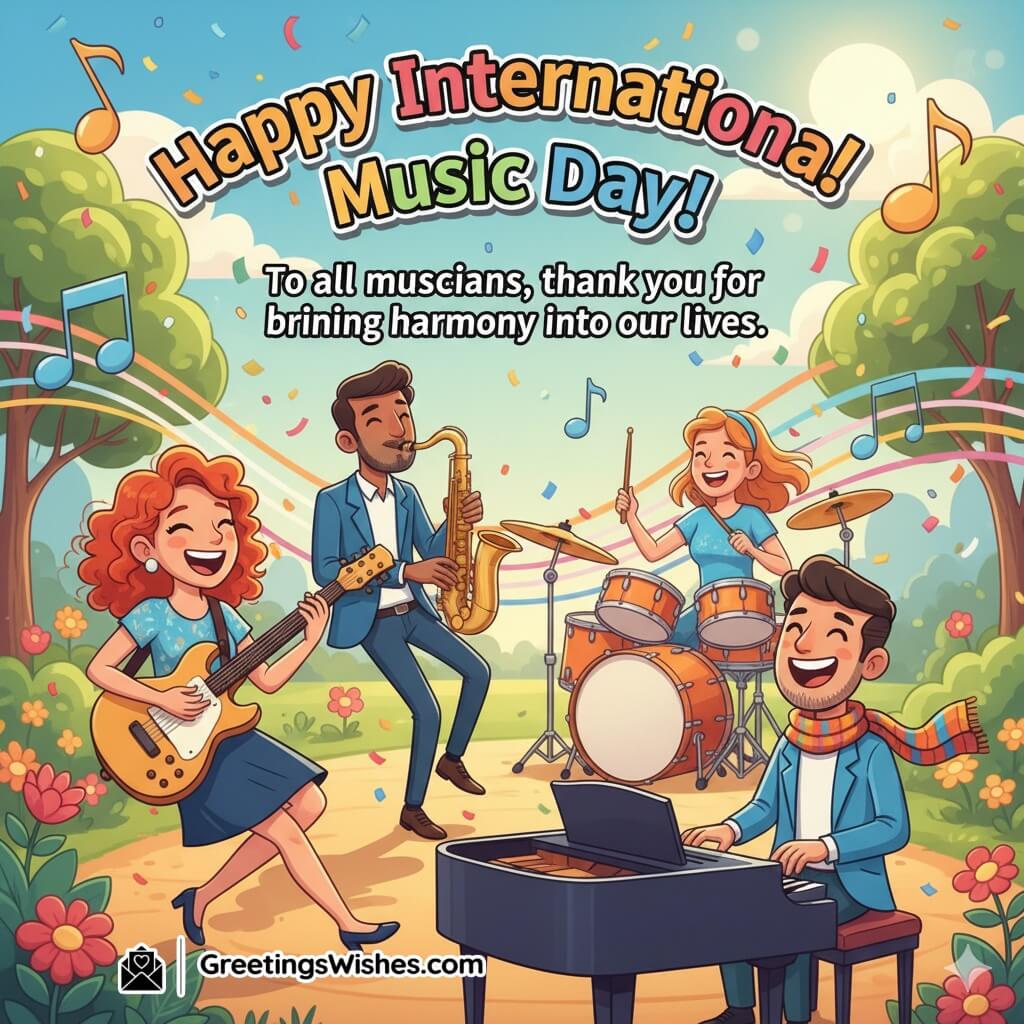 International Music Day image featuring four joyful musicians (guitarist, saxophonist, drummer, pianist) performing in a sunlit, vibrant park. The scene symbolizes harmony and celebration with floating musical notes and confetti.