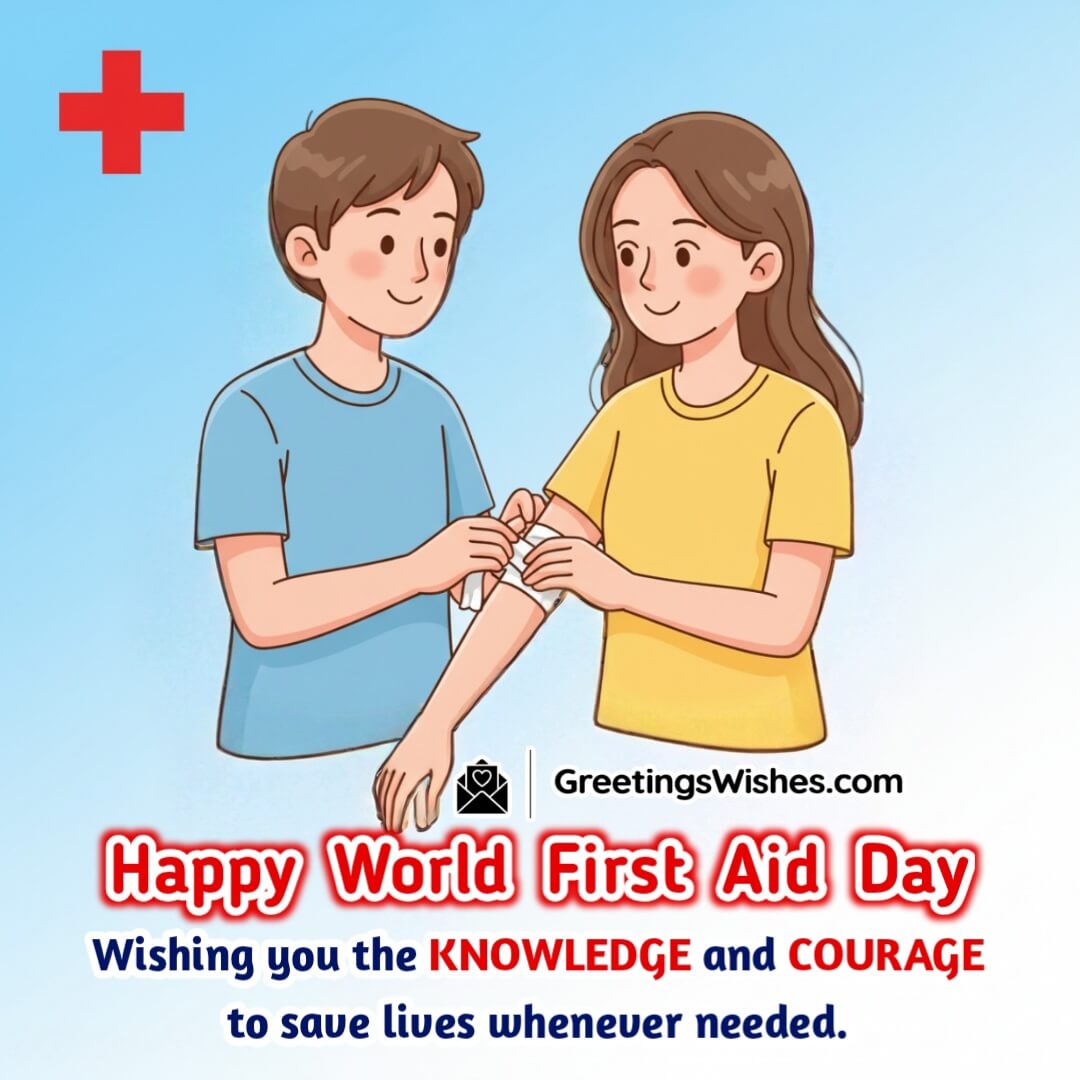 World First Aid Day image featuring hands applying a bandage with a red cross symbol in the background symbolizing compassion responsibility and human care.