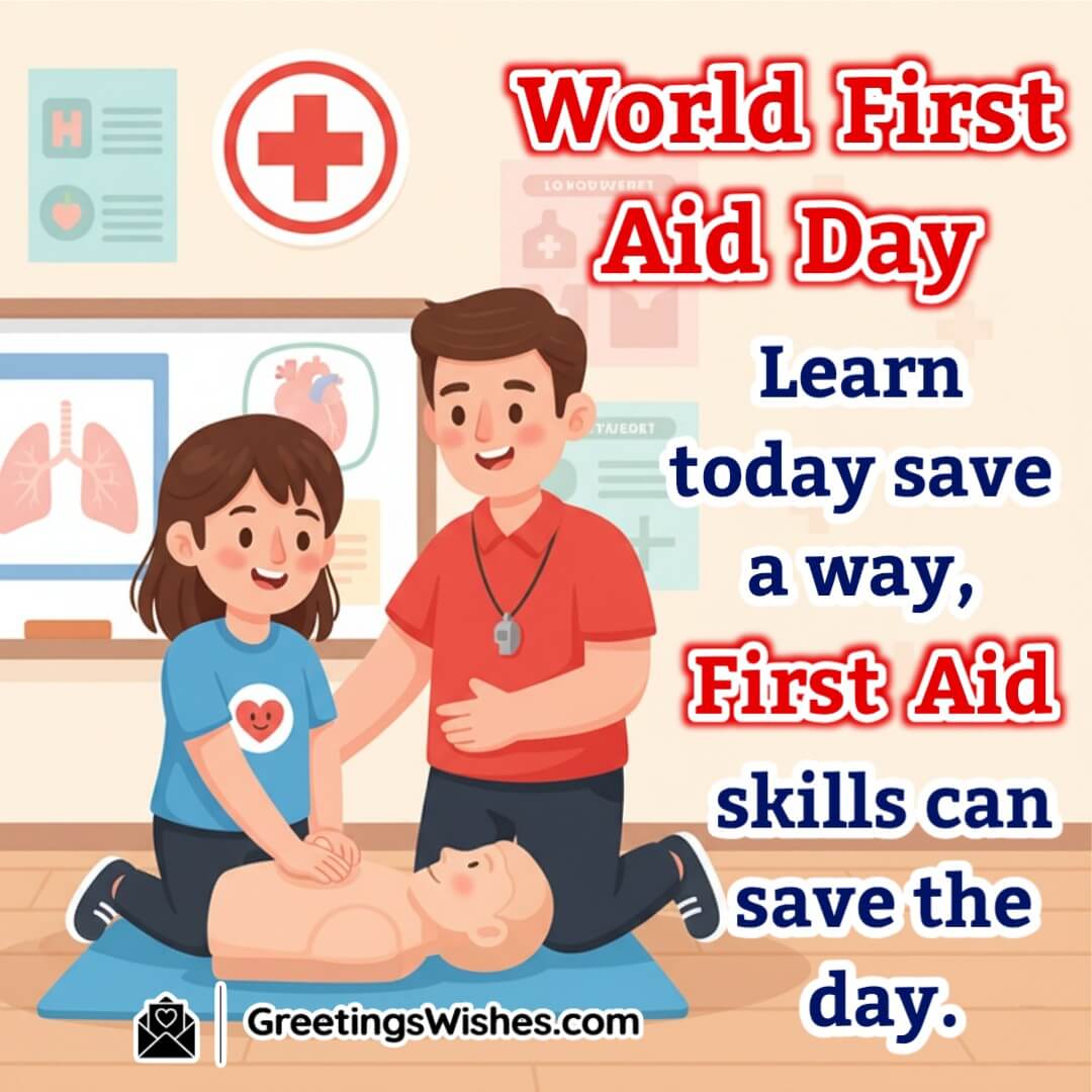 World First Aid Day image featuring students practicing first aid on a training dummy with a red cross sign symbolizing skill learning and preparedness.