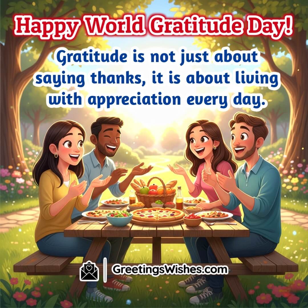 World Gratitude Day message image featuring friends sharing food and laughter symbolizing appreciation and togetherness.