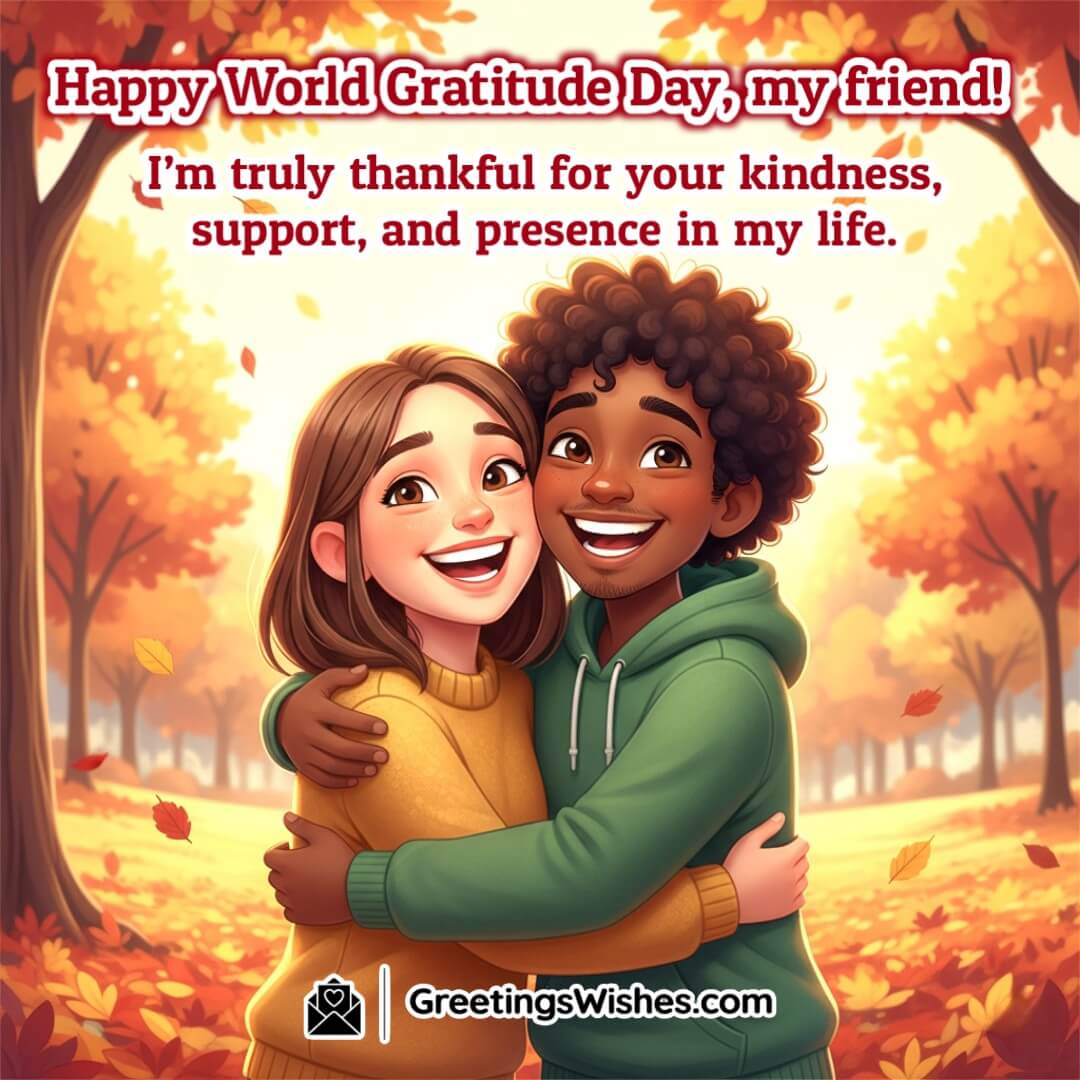 World Gratitude Day wish image featuring two friends hugging in a park symbolizing thankfulness for friendship and support.