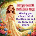 World Gratitude Day wish image featuring a smiling woman with folded hands in a garden symbolizing thankfulness and joy.