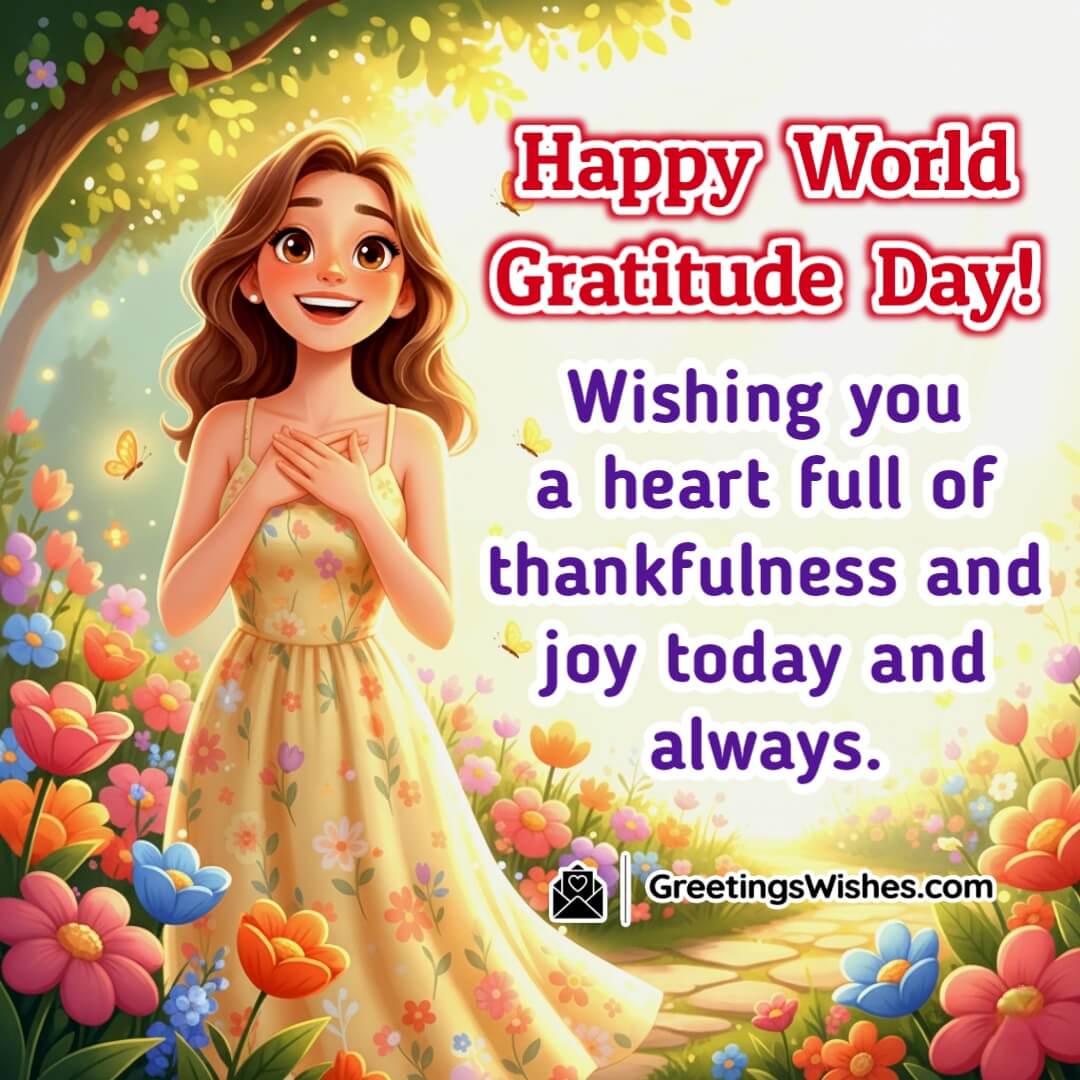 World Gratitude Day wish image featuring a smiling woman with folded hands in a garden symbolizing thankfulness and joy.