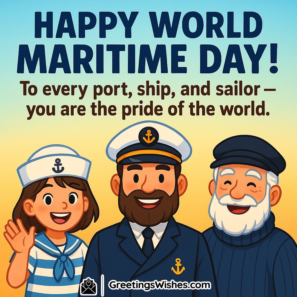World Maritime Day image featuring three cheerful sailors — a young girl, a captain, and an elderly sailor — standing together, symbolizing pride, unity, and celebration of maritime contributions.