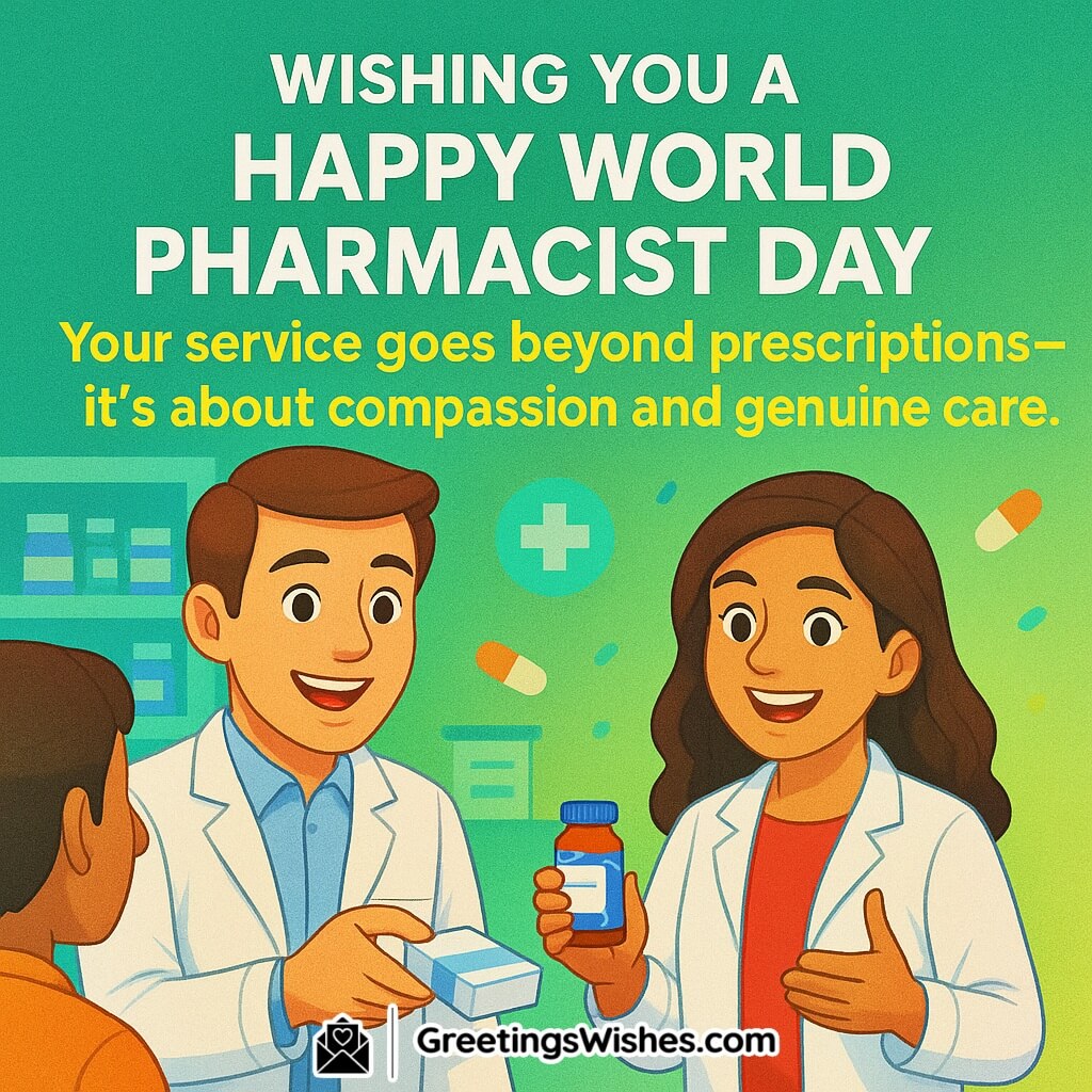 World Pharmacist Day image featuring two smiling pharmacists warmly assisting a patient, with medicine and pharmacy icons, symbolizing compassion and genuine care.