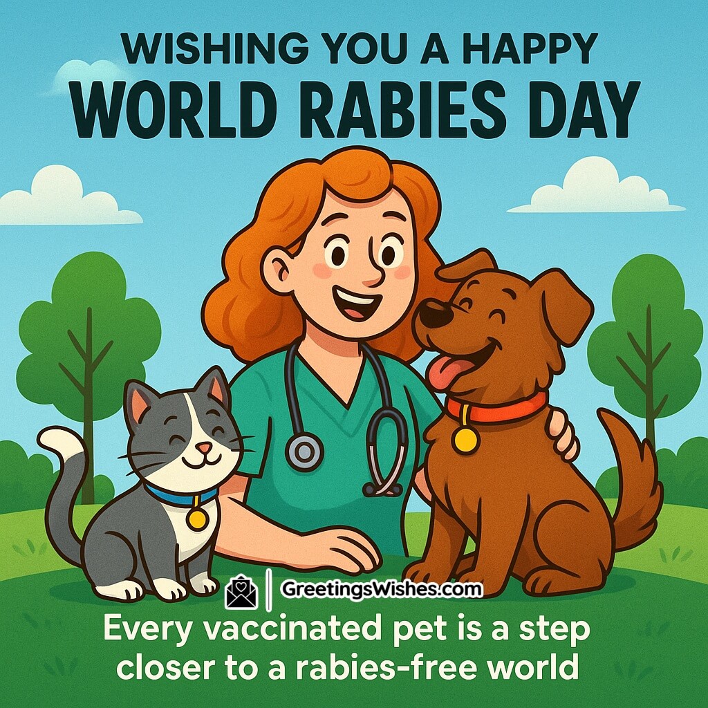World Rabies Day image featuring a cheerful veterinarian smiling with a happy brown dog and a gray-and-white cat, both wearing collars, in a bright outdoor park setting, symbolizing vaccination and the fight for a rabies-free world.