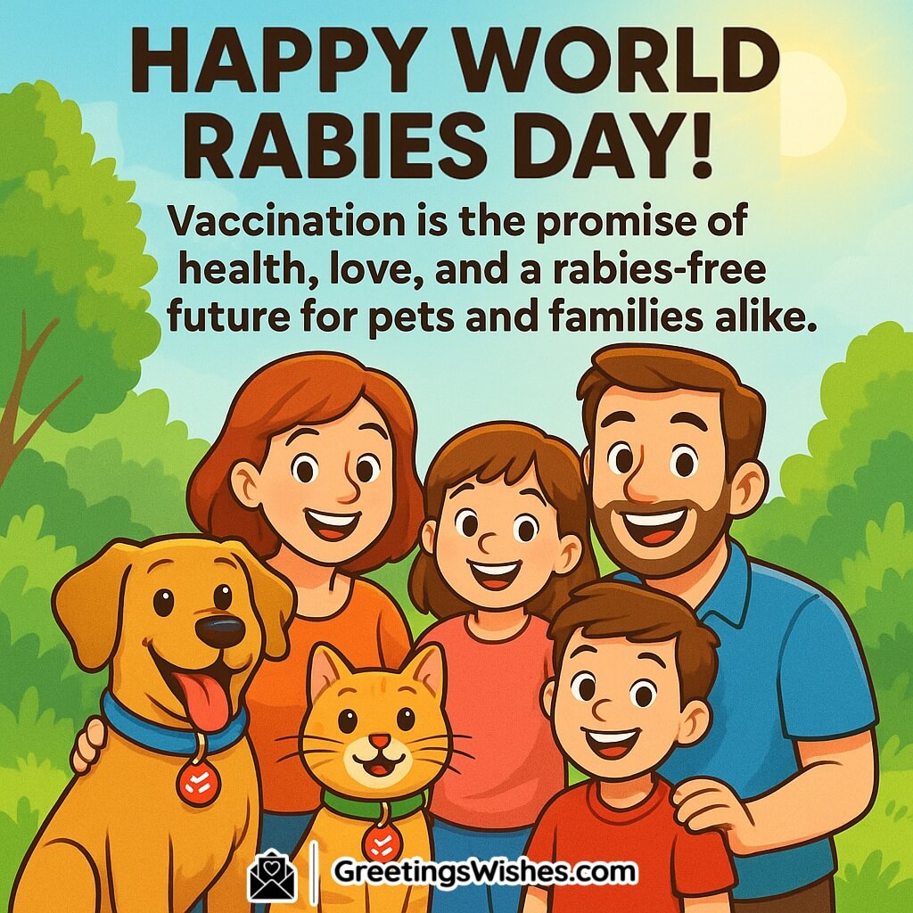 World Rabies Day image featuring a smiling family with their vaccinated dog and cat, set in a cheerful outdoor background with bright greenery and sun, symbolizing health, love, and a rabies-free future.
