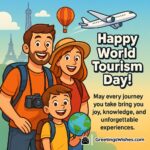 World Tourism Day featuring a family of travelers with backpacks, camera, and a child holding a globe, alongside the Eiffel Tower, airplane, and hot air balloon, symbolizing joyful journeys, knowledge, and unforgettable travel experiences.