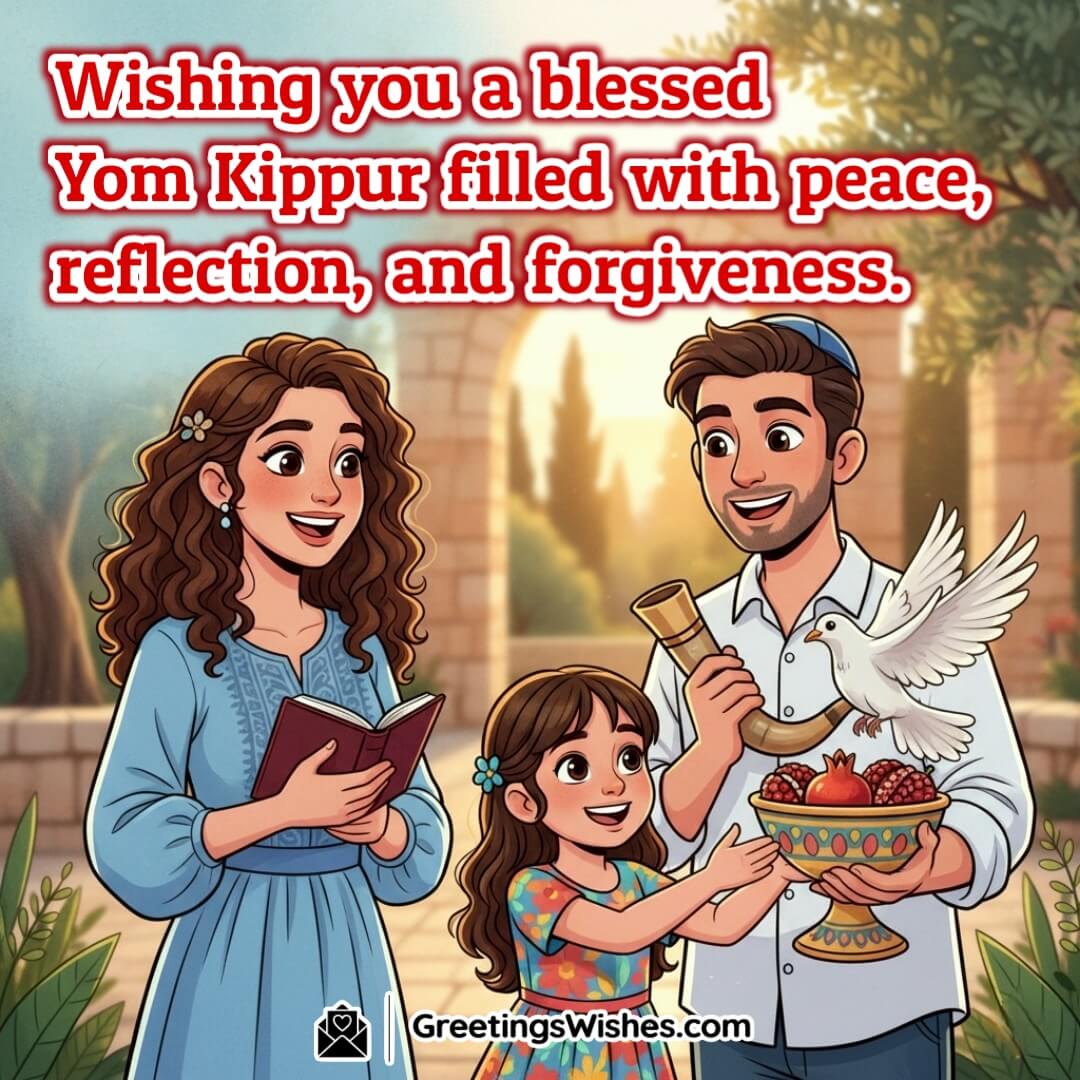 Yom Kippur image featuring a joyful family with a book, shofar, dove, and bowl of pomegranates, symbolizing peace, reflection, forgiveness, and blessings on this holy day.