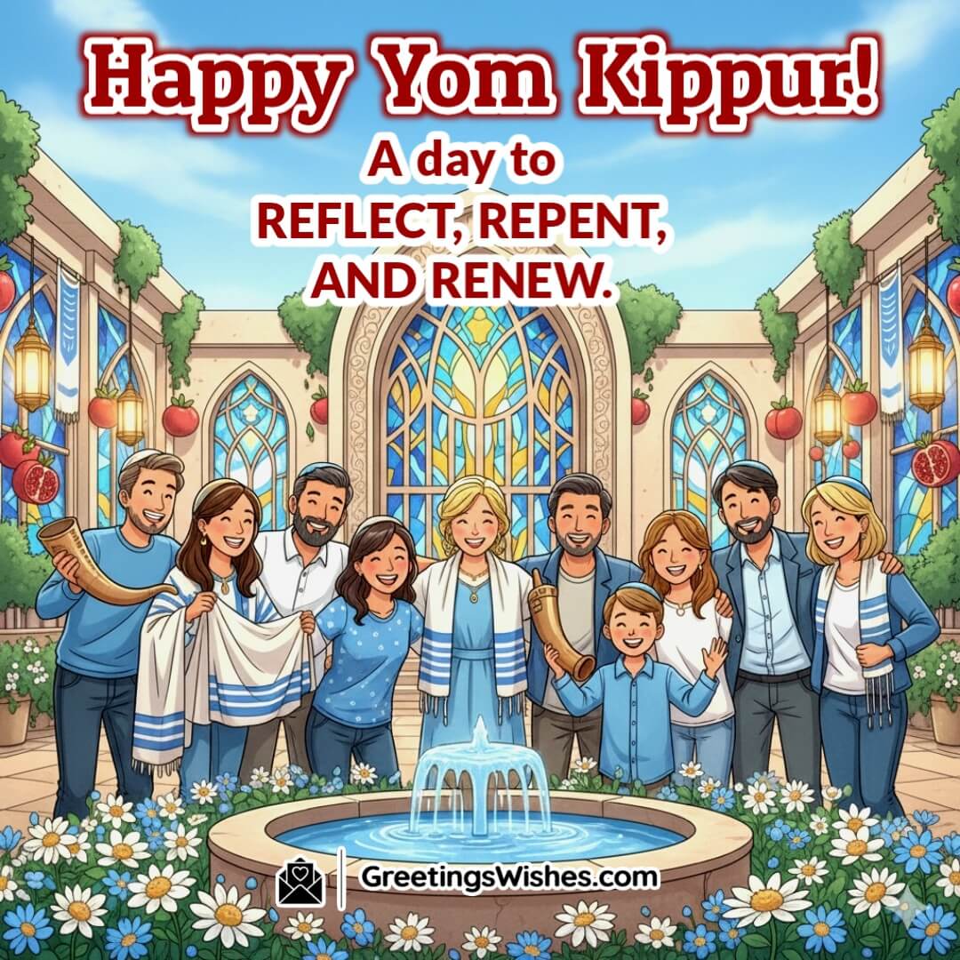 Happy Yom Kippur image featuring a joyful family standing together near a fountain with shofars, prayer shawls, and stained-glass windows, symbolizing reflection, repentance, renewal, and unity.