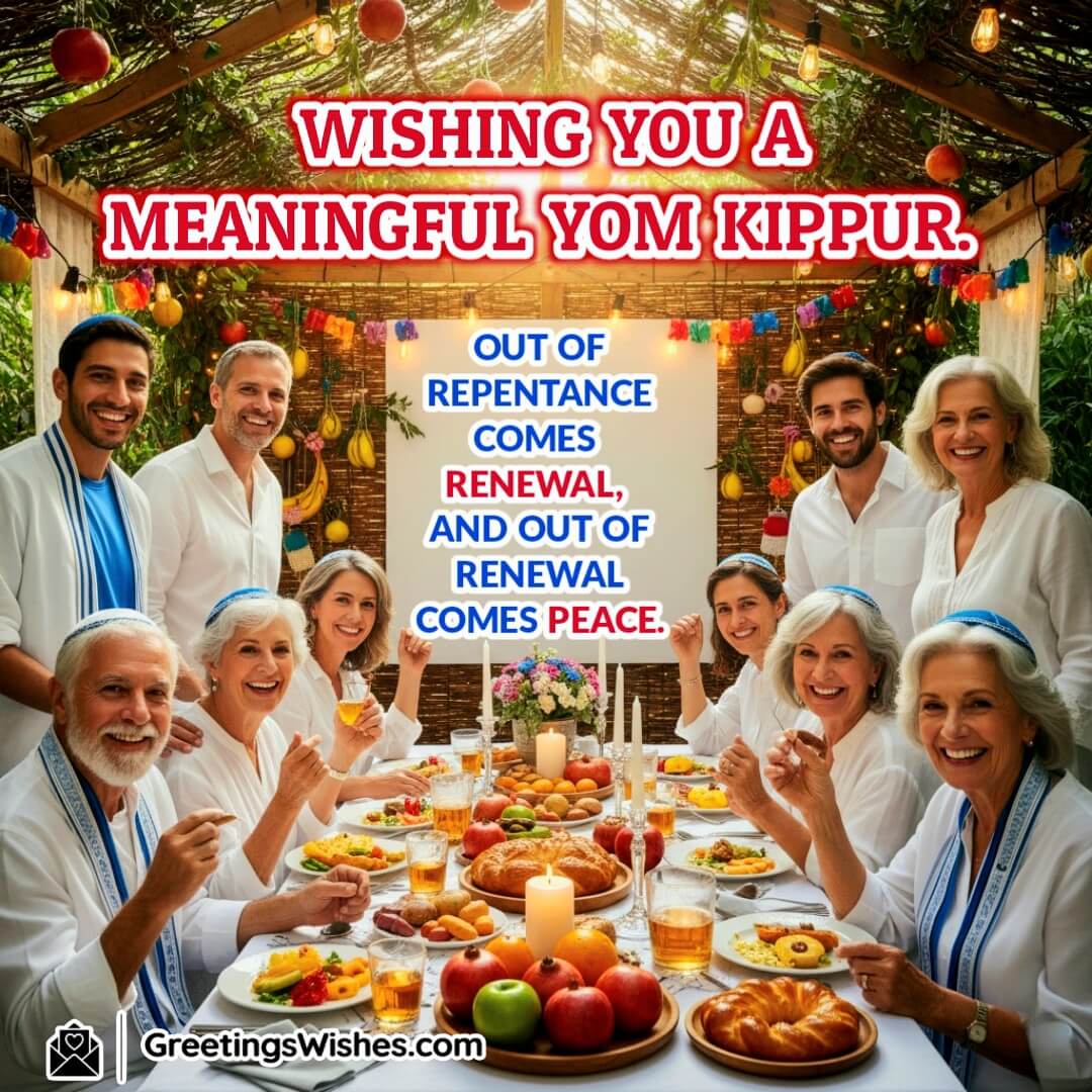 Yom Kippur image featuring a joyful family gathered around a festive table with candles, fruits, and bread, symbolizing repentance, renewal, peace, and togetherness on this sacred day.