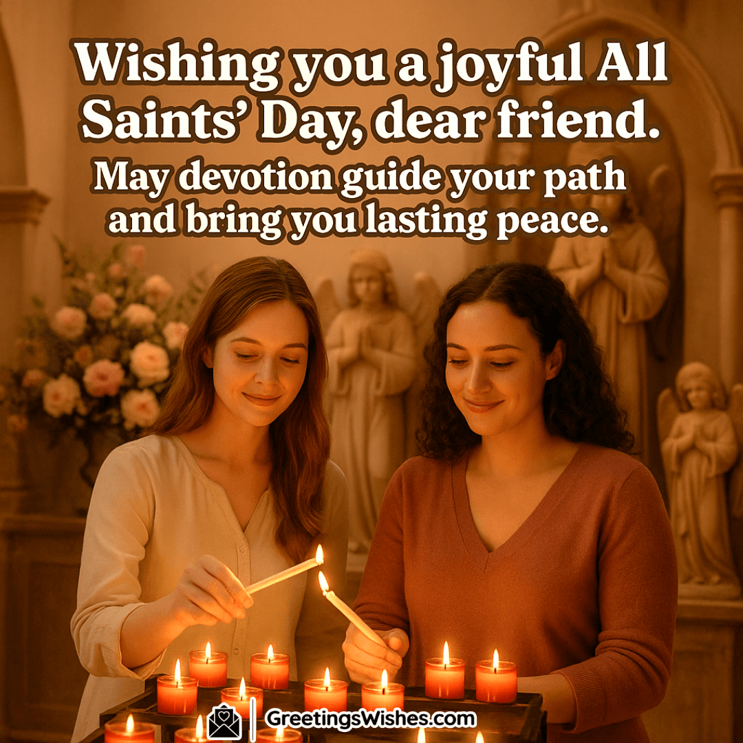 All Saints Day image featuring two friends lighting candles in a peaceful church surrounded by flowers and warm light, symbolizing friendship, devotion, and inner peace.