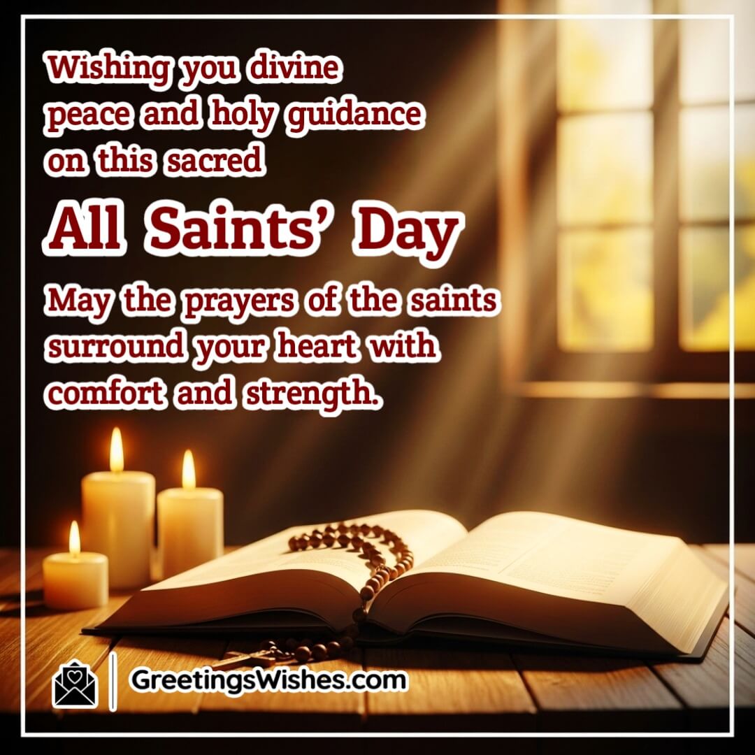 All Saints Day image featuring glowing candles beside an open Bible with soft rays of light shining from above, symbolizing peace, divine guidance, and spiritual strength.