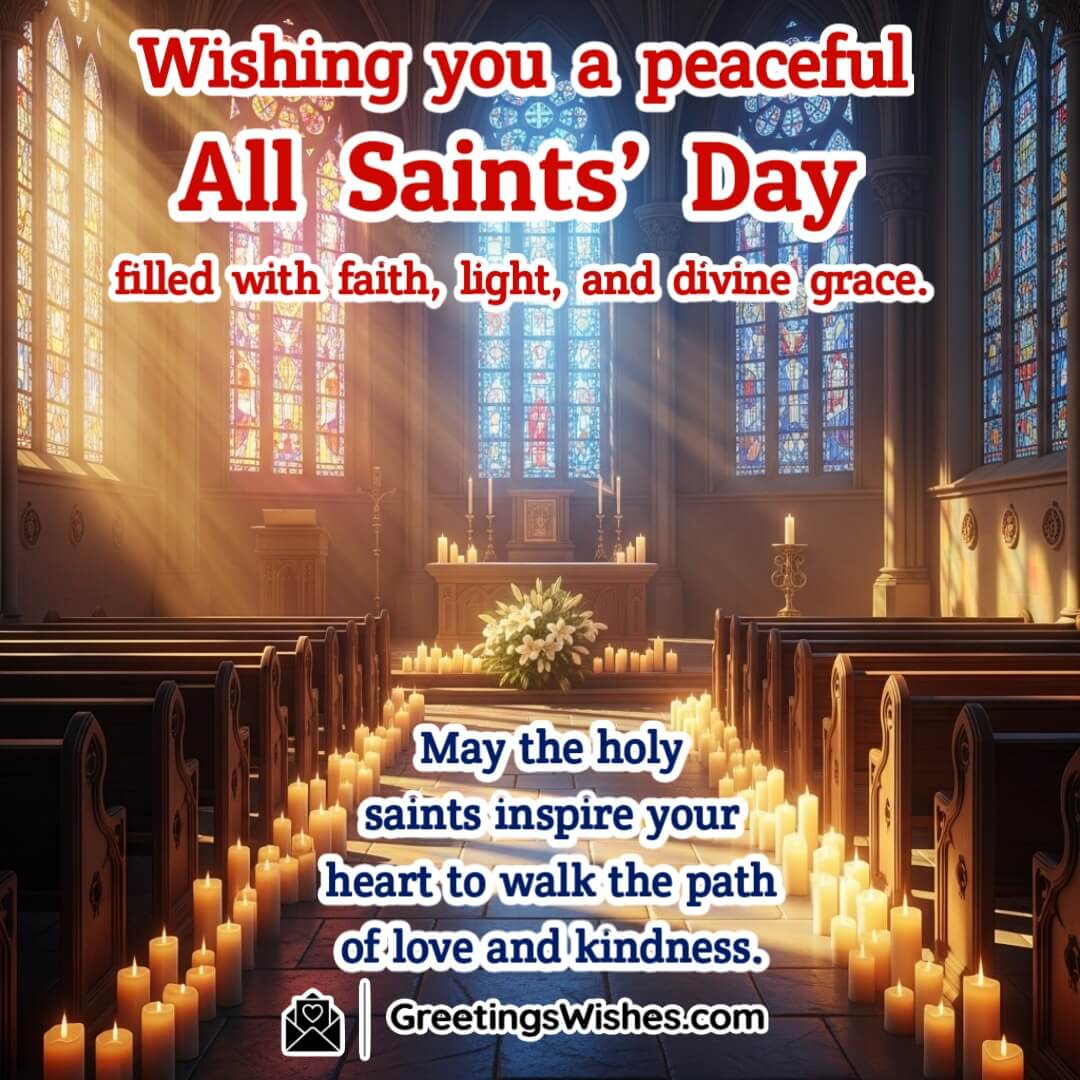 All Saints Day image featuring glowing candles and a radiant church interior with soft sunlight through stained glass, symbolizing faith, light, and divine grace.
