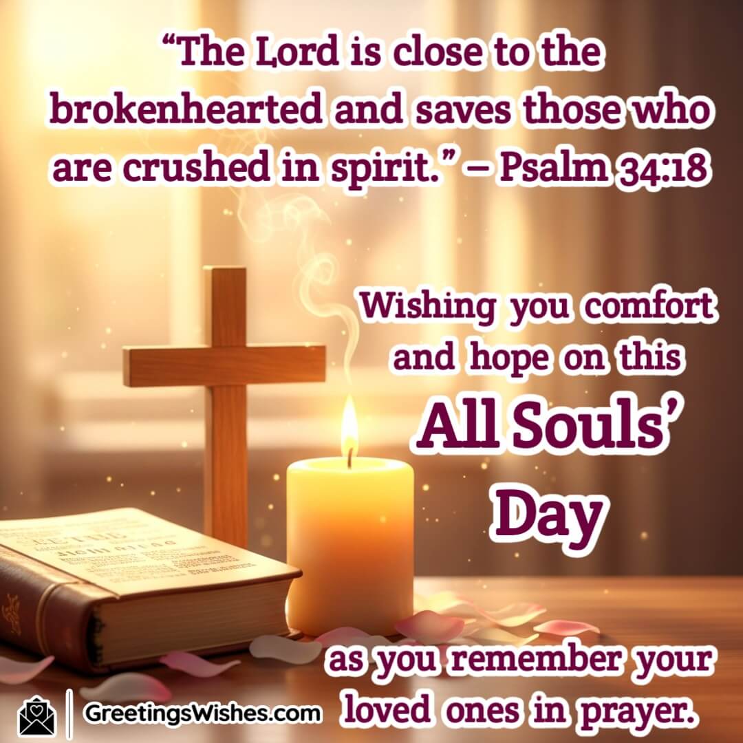 All Souls’ Day image featuring open Bible, candle, and cross with rose petals, symbolizing comfort, hope, and remembrance.