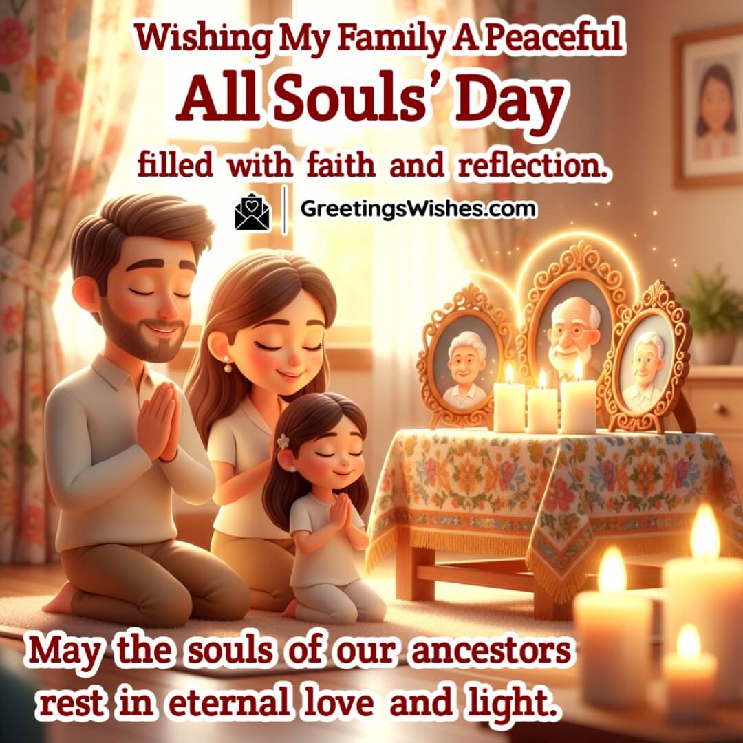 All Souls’ Day image featuring family praying before candle-lit altar with ancestor photos, symbolizing faith, reflection, and eternal love.