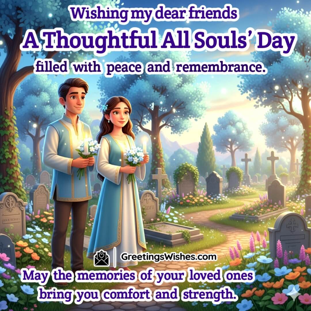 All Souls’ Day image featuring friends holding candles in garden cemetery, symbolizing remembrance, comfort, and peace.