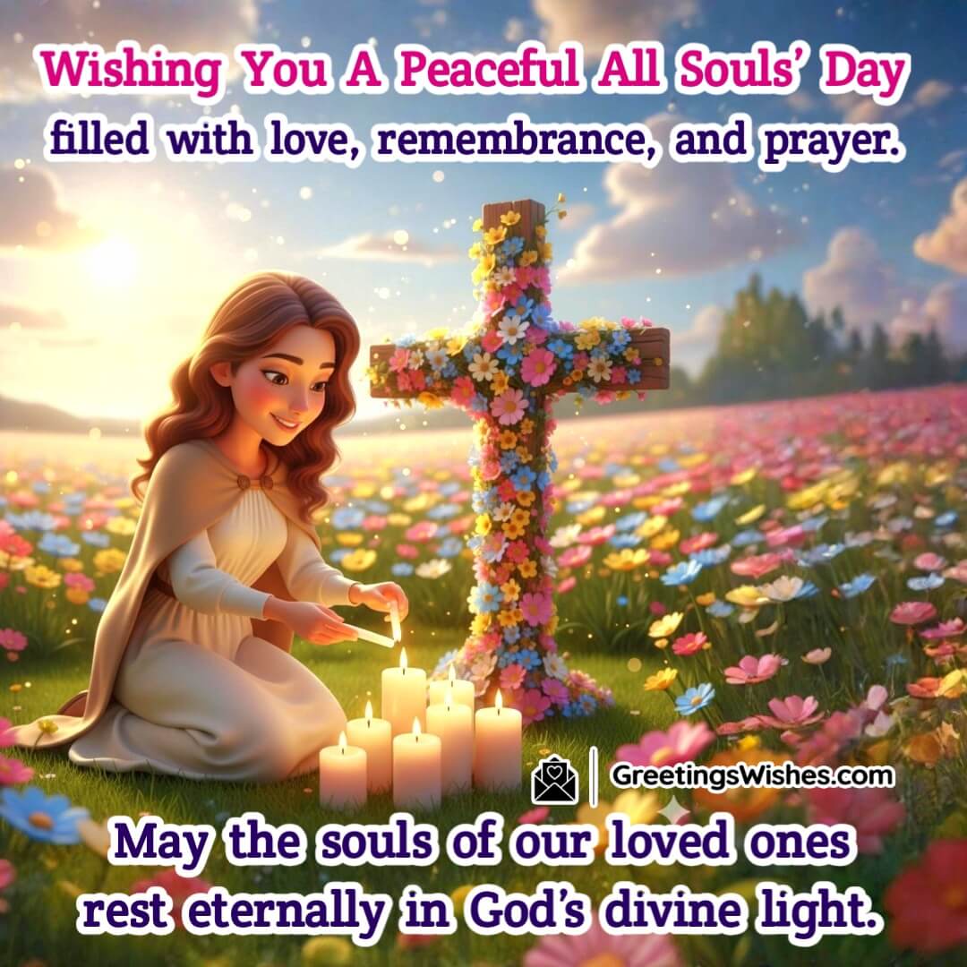 All Souls’ Day image featuring person lighting candles near cross with flowers, symbolizing remembrance, love, and divine peace.