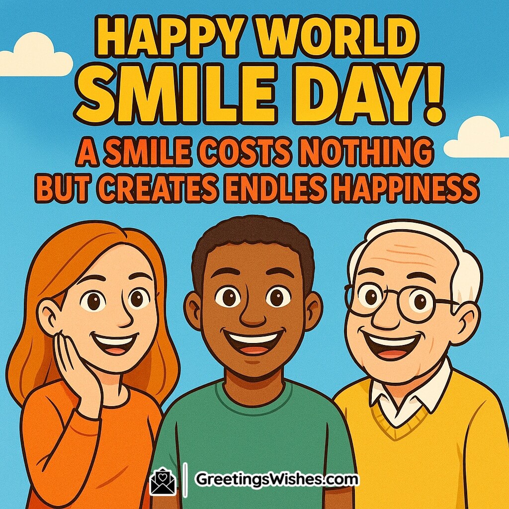 World Smile Day image featuring cheerful cartoon characters smiling together under a bright blue sky with fluffy clouds, symbolizing joy, unity, and endless happiness.