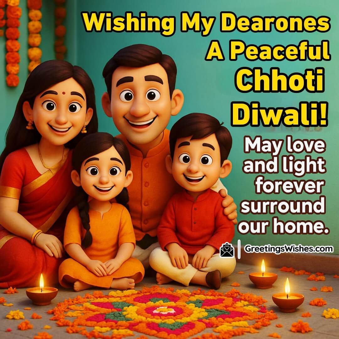 Happy Chhoti Diwali image featuring a joyful family in vibrant festive clothing decorating their turquoise courtyard with diyas and rangoli, symbolizing love, light, and family unity.