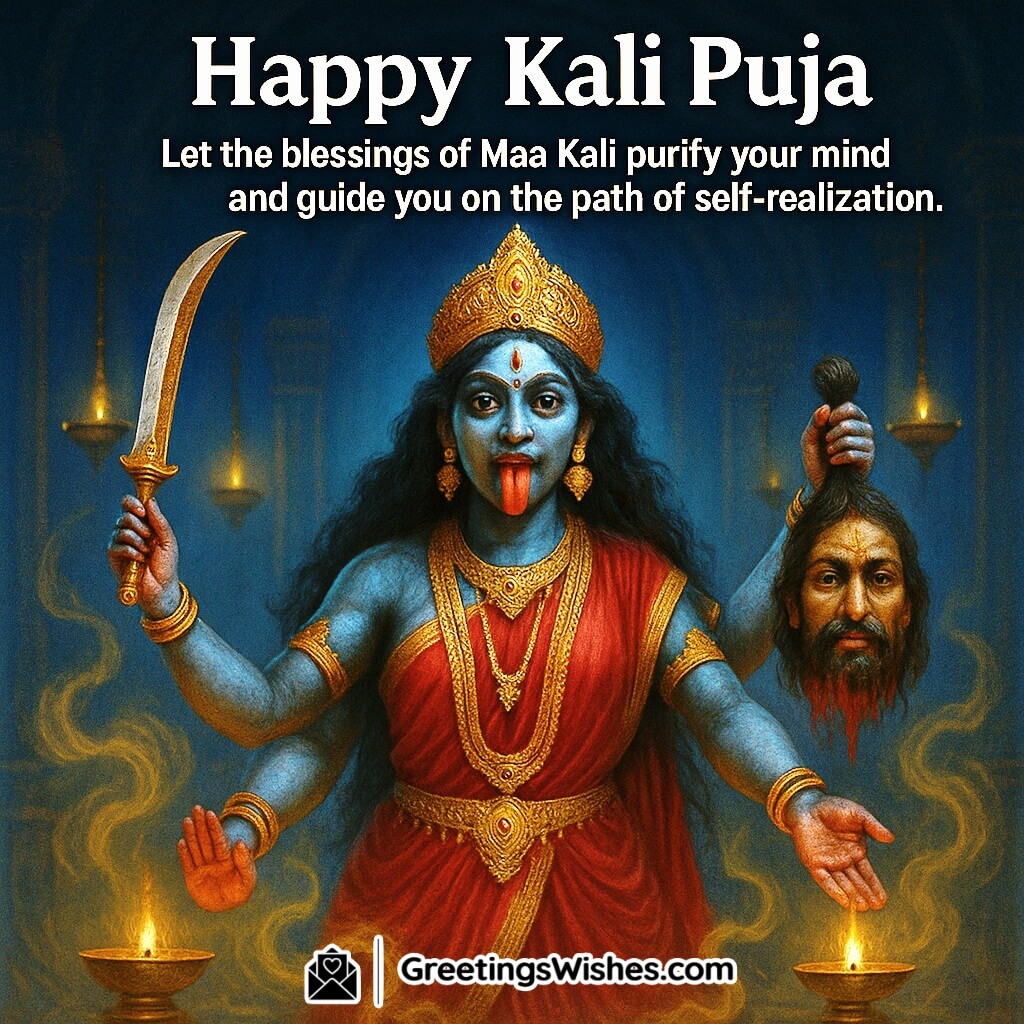 Kali Puja image featuring Goddess Kali in divine form amid swirling incense and golden light inside a temple, symbolizing purity, guidance, and self-realization.