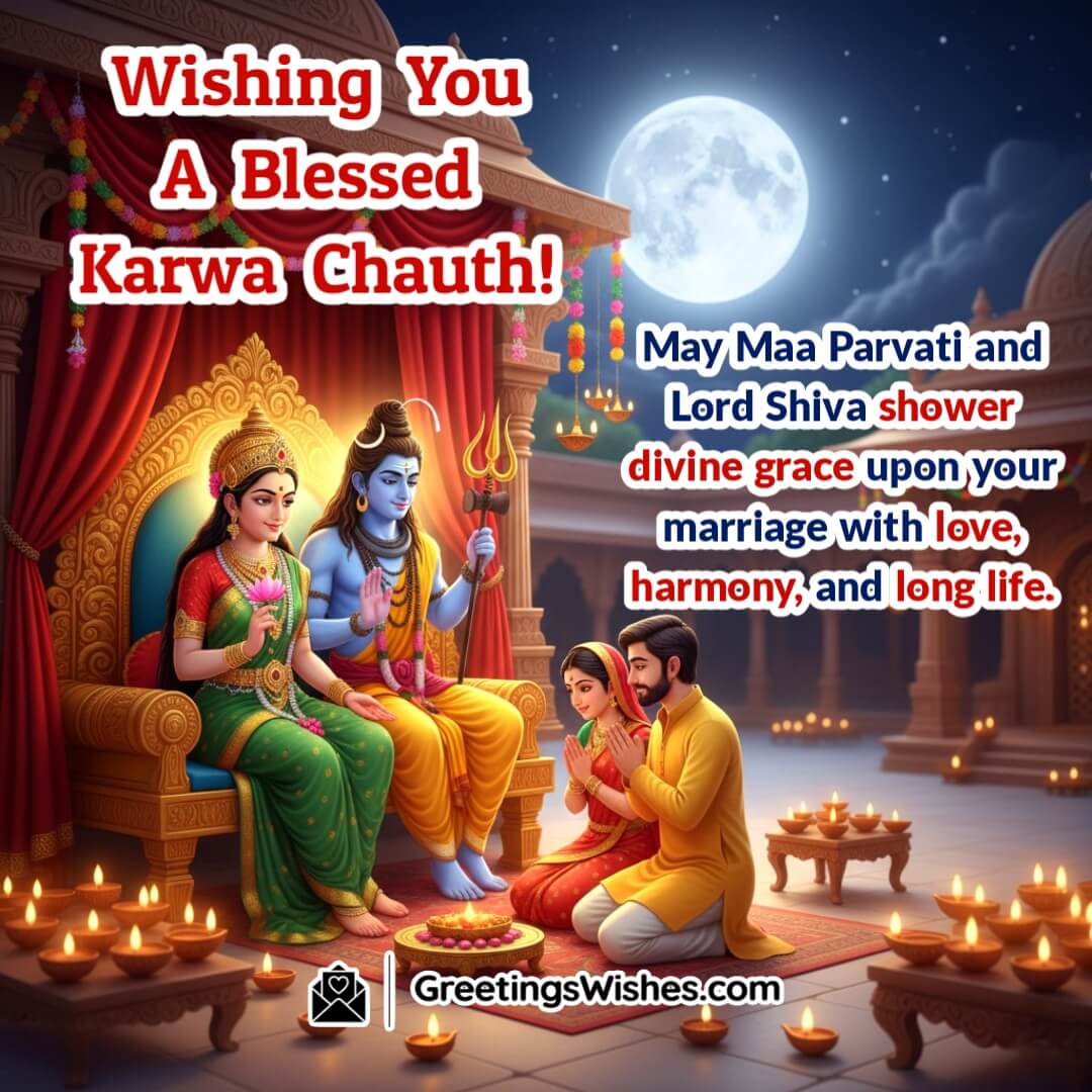 Karwa Chauth image featuring Maa Parvati and Lord Shiva blessing a couple under moonlight, symbolizing divine grace, harmony, and long life.