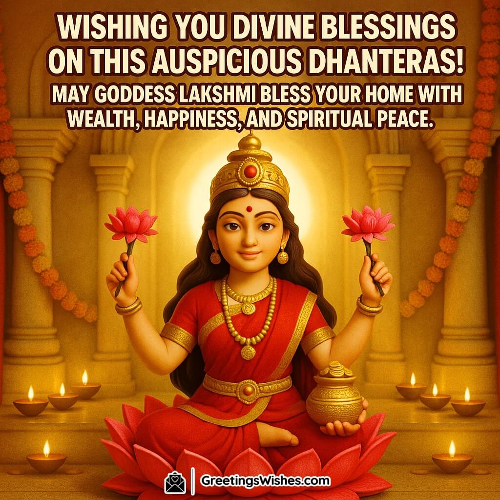 Happy Dhanteras image featuring Goddess Lakshmi in a radiant temple background surrounded by diyas and gold coins, symbolizing wealth, happiness, and spiritual peace.
