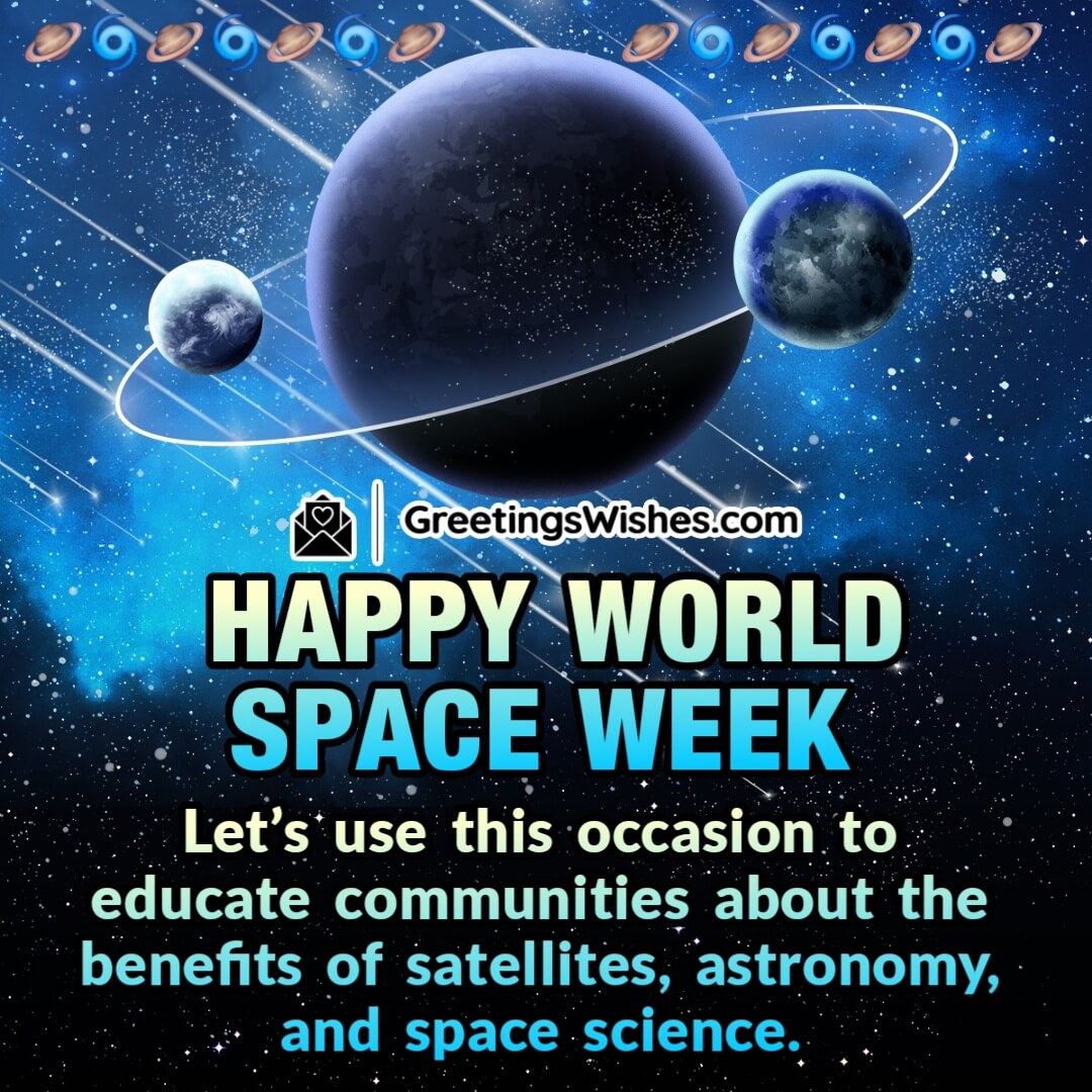 Happy World Space Week image featuring glowing planets and orbit lines in a bright galaxy, symbolizing satellites, astronomy, and space science.