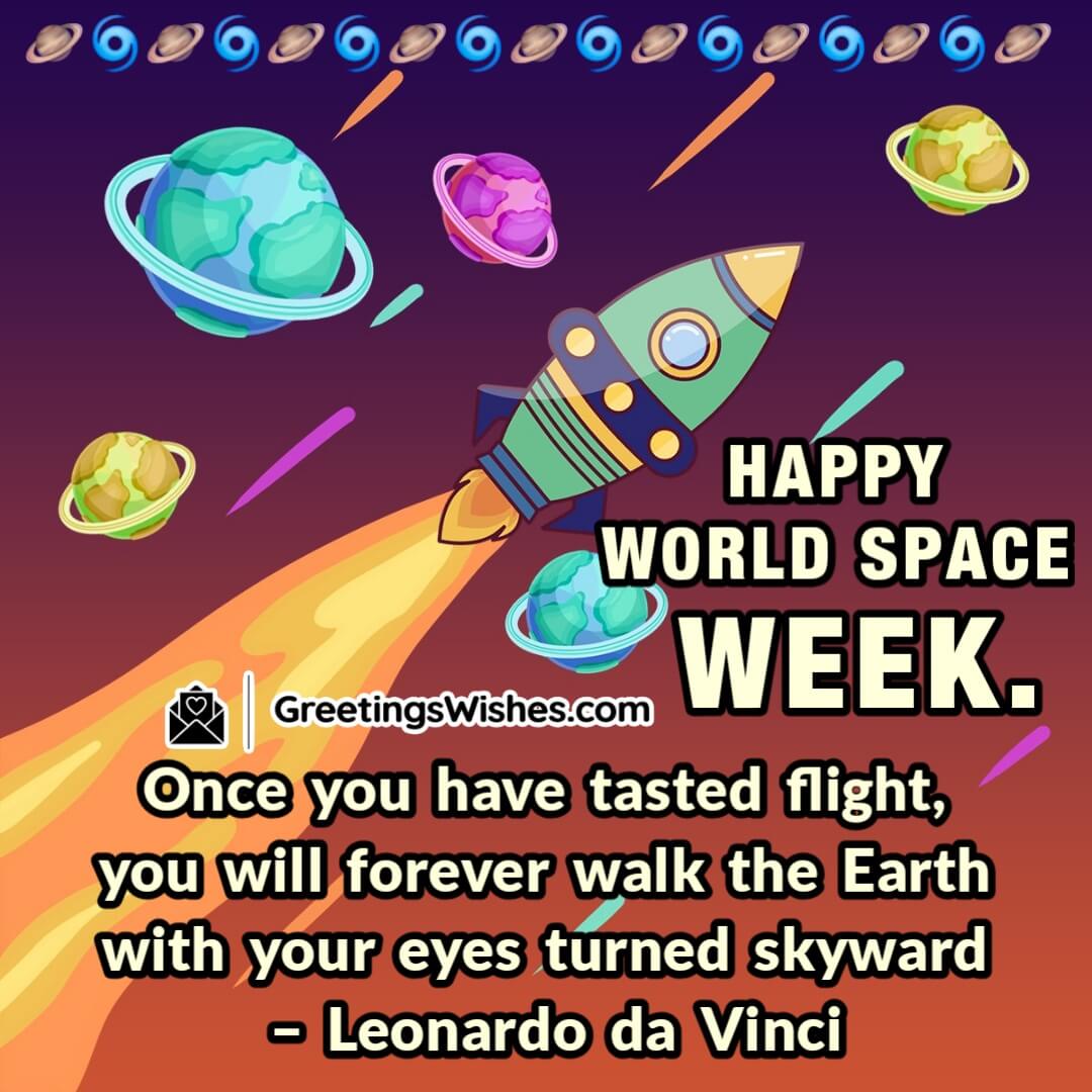 Happy World Space Week image featuring a rocket flying among colorful planets, symbolizing dreams of flight, innovation, and looking skyward.