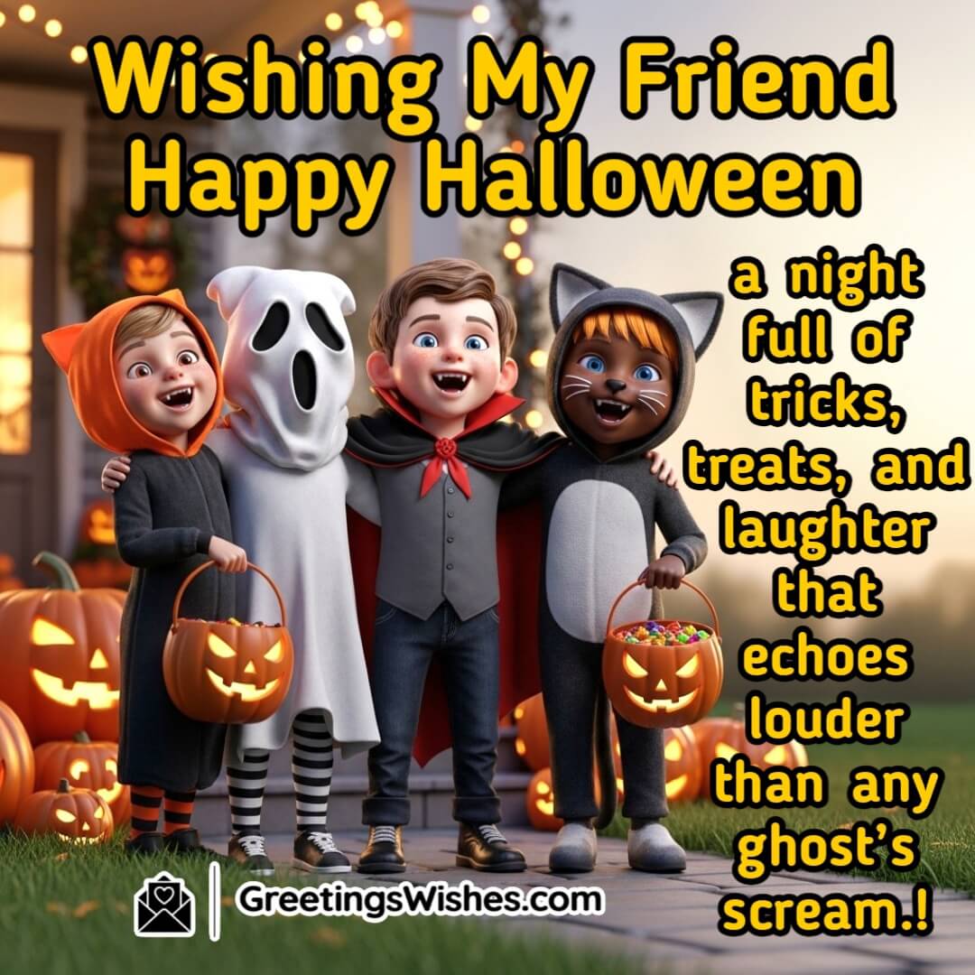 Halloween Tricks Treats and Laughter Wish Image for Friends featuring three happy kids in ghost, vampire, and cat costumes sharing candies near a decorated house with glowing pumpkins, symbolizing friendship, fun, and playful Halloween
