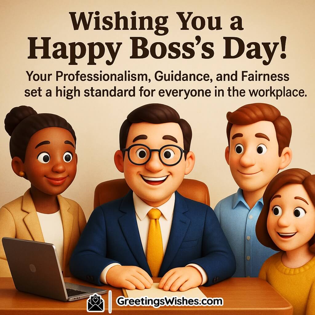 Happy Boss’s Day image featuring a professional boss addressing a smiling team in an office setting, symbolizing guidance, fairness, and high standards.
