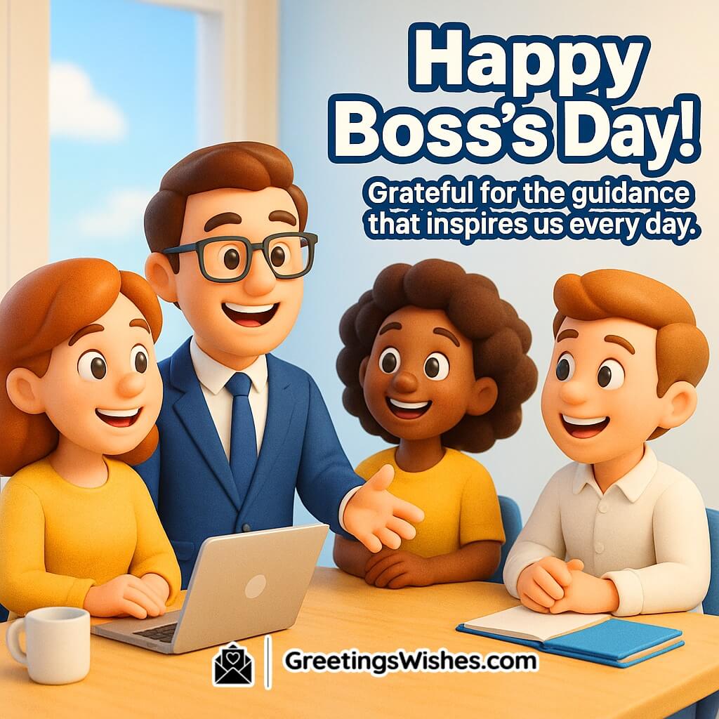 Happy Boss’s Day image featuring a cheerful team meeting led by an encouraging boss, symbolizing daily guidance, gratitude, and inspiration.