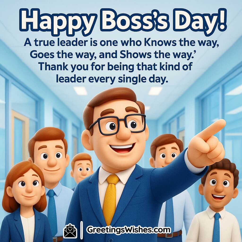 Happy Boss’s Day image featuring a confident leader guiding employees through a bright office hallway, symbolizing motivation and visionary leadership.