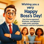 Happy Boss’s Day image featuring a smiling boss surrounded by an appreciative office team in warm golden light, symbolizing encouragement, kindness, and purpose at work.