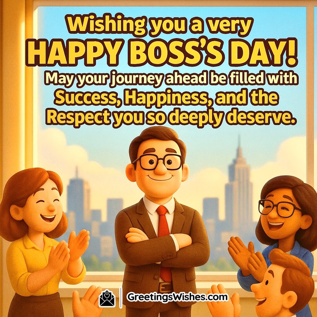 Happy Boss’s Day image featuring a respected boss standing near a window with city view as team members applaud, symbolizing success, happiness, and admiration.