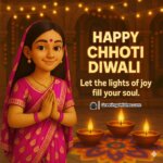 Happy Chhoti Diwali image featuring a woman in rich traditional attire lighting diyas in a bright morning courtyard decorated with marigold flowers and rangoli, symbolizing purity, light, and new beginnings.